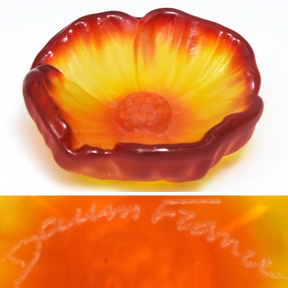 DAUM ドーム社 Hilton Mc Connico カクタス フラワー パート・ド・ヴェール ガラス ディッシュ レッド&イエロー リングトレイ  z8649a拍卖