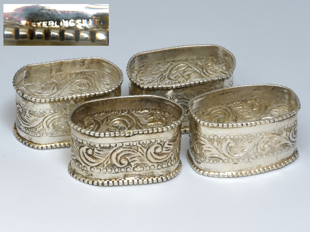 スターリングシルバー 彫金 植物紋 ナプキンリング 4個 総重量66g sterling silver 銀 銀製 z8098o拍卖