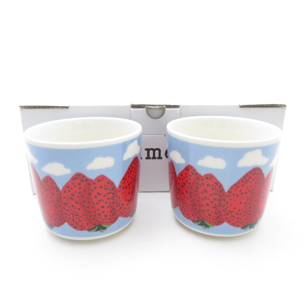 美品 marimekko マリメッコ MANSIKKAVUORET マンシッカヴオレット ラテマグ 2点 カップ ペア 北欧 フィンランド SY11169B3拍卖