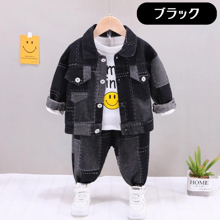 ブラック 80cm 3点セット パッチワークデニム 上下セット Gジャン ジーパン 長袖Tシャツ セットアップ 韓国子供服 男の子拍卖