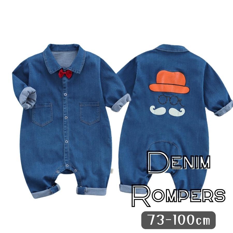 ロンパース デニム つなぎ 蝶ネクタイ ひげイラスト 韓国子供服 おしゃれ 乳幼児 キッズ ベビー服 70cm 80cm 90cm 100cm (70)拍卖