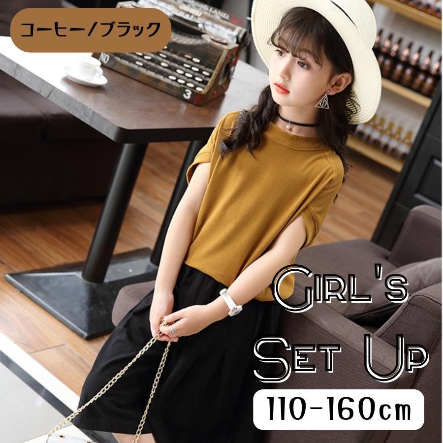 コーヒーブラック 110cm 上下セット 2点セット 半袖シャツ ワイド ゆったり パンツ カジュアル ガウチョ 女の子 ガールズ キッズ ジュニア拍卖