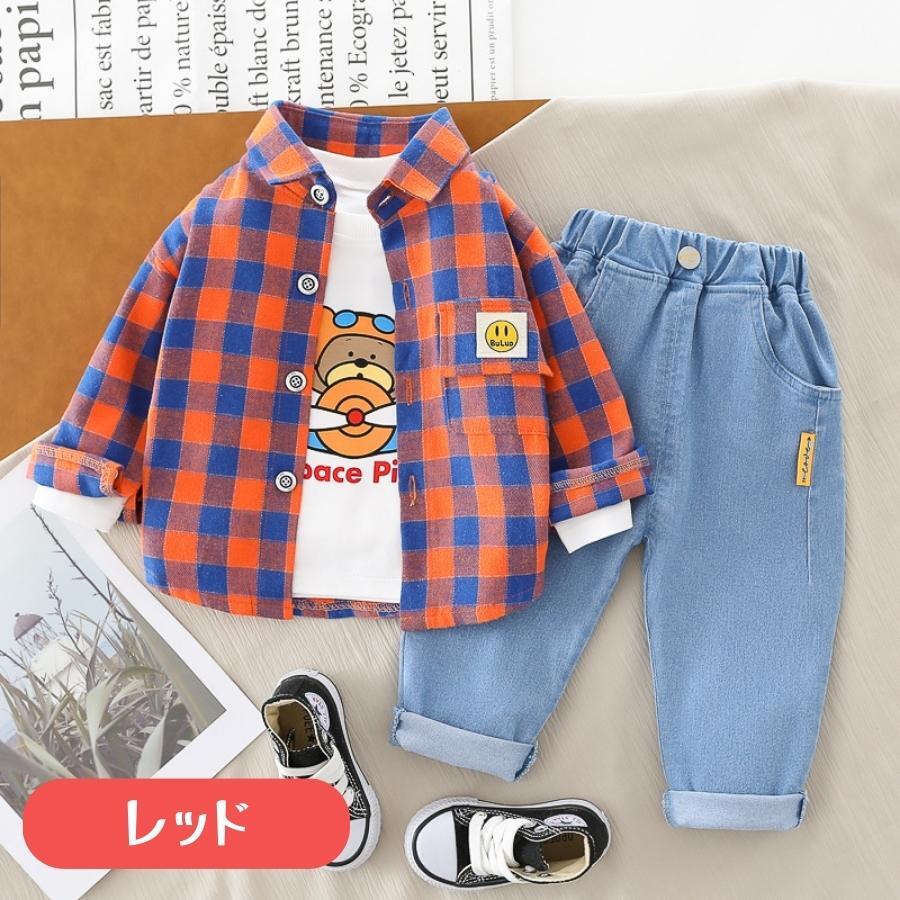 レッド 90cm 3点セット チェック柄 長袖ボタンシャツ デニムパンツ 長袖Tシャツ 上下セット ネルシャツ セットアップ 韓国子供服 男の子拍卖