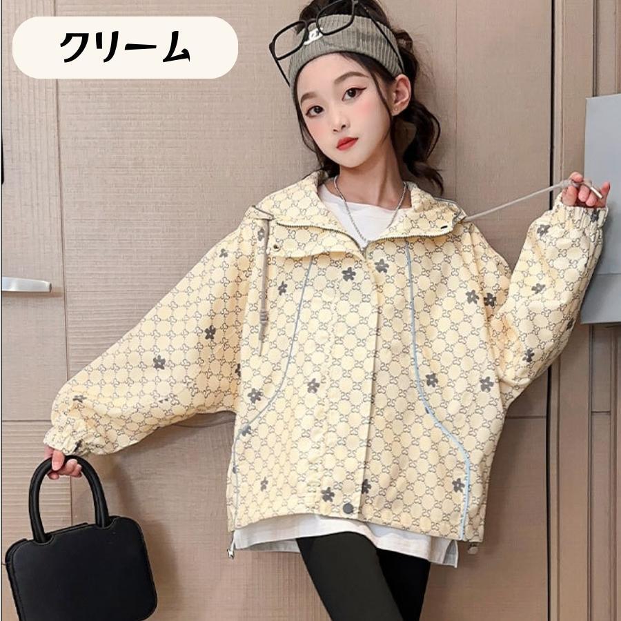 クリーム 120cm マウンテンパーカー フード付き 長袖 ジャケット 羽織り ライトアウター ゆったりサイズ 女の子 ガールズ 韓国子供服拍卖