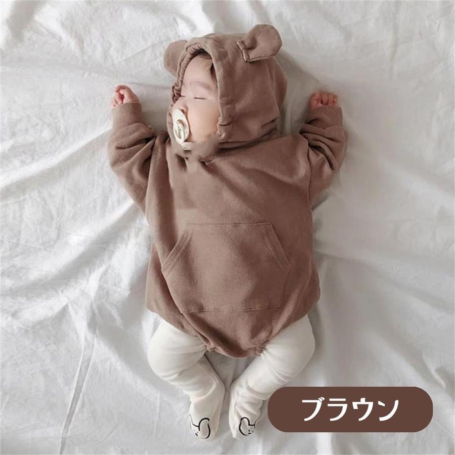 ベビー服 ロンパース 長袖 フード付き くまさん 耳 アニマル 着ぐるみ ハロウィン おしゃれ カバーオール 子供服 春 秋 冬 (90, ブラウン)拍卖