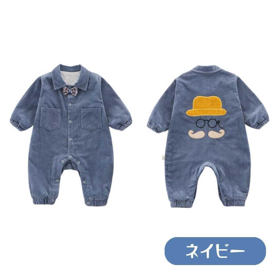 コーデュロイ素材 ヒゲ柄 蝶ネクタイ ロンパース つなぎ やわらか 韓国子供服 おしゃれ 乳幼児 キッズ ベビー服 (80, ネイビー)拍卖