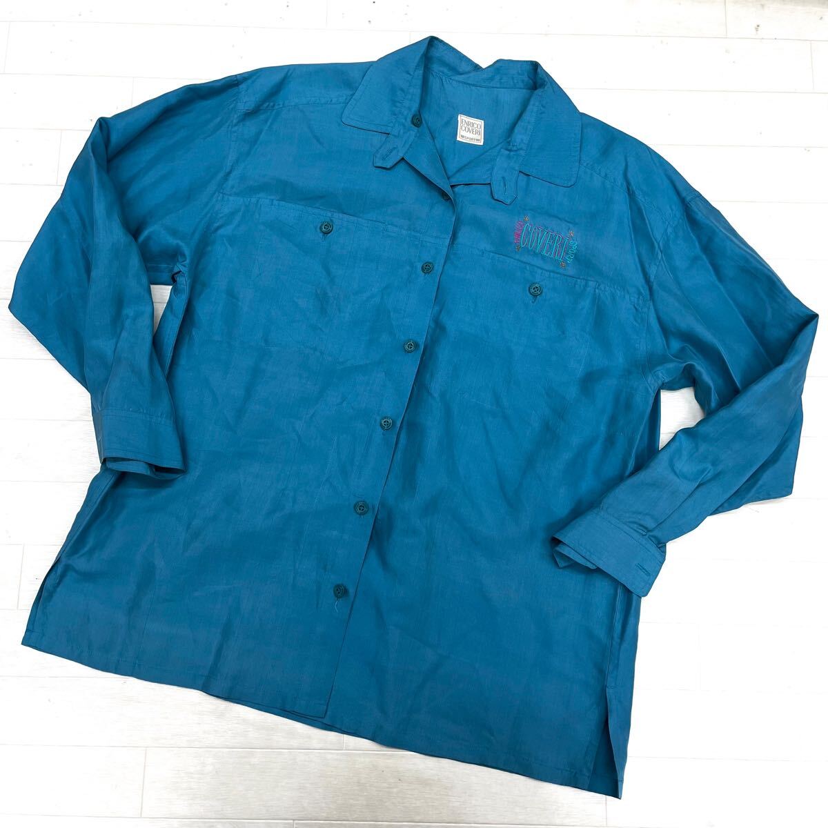 1611◎ ENRICO COVERI エンリコ コベリ トップス シャツ 長袖 フルボタン ワンポイント ロゴ 刺繍 ライトブルー レディースM拍卖