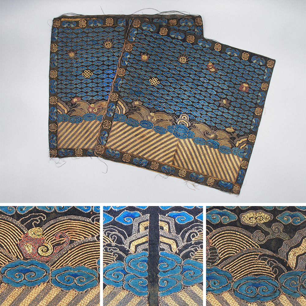 【中国美術】 ★ 官品 満地三藍雲官員空白補子 ★ 清朝期 八宝 祥雲 刺繍文様 明清織繍 検 清代清時代皇帝古布古美術古玩古董骨董唐物拍卖
