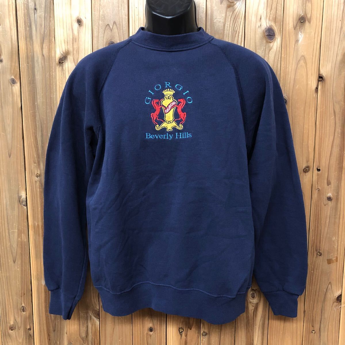 90's Hanes ACTIVEWEAR ヘインズ メンズL 長袖 スウェット トレーナー トップス 裏起毛 ネイビー ロゴ刺繍 GIORGIO Beverly Hills 古着拍卖