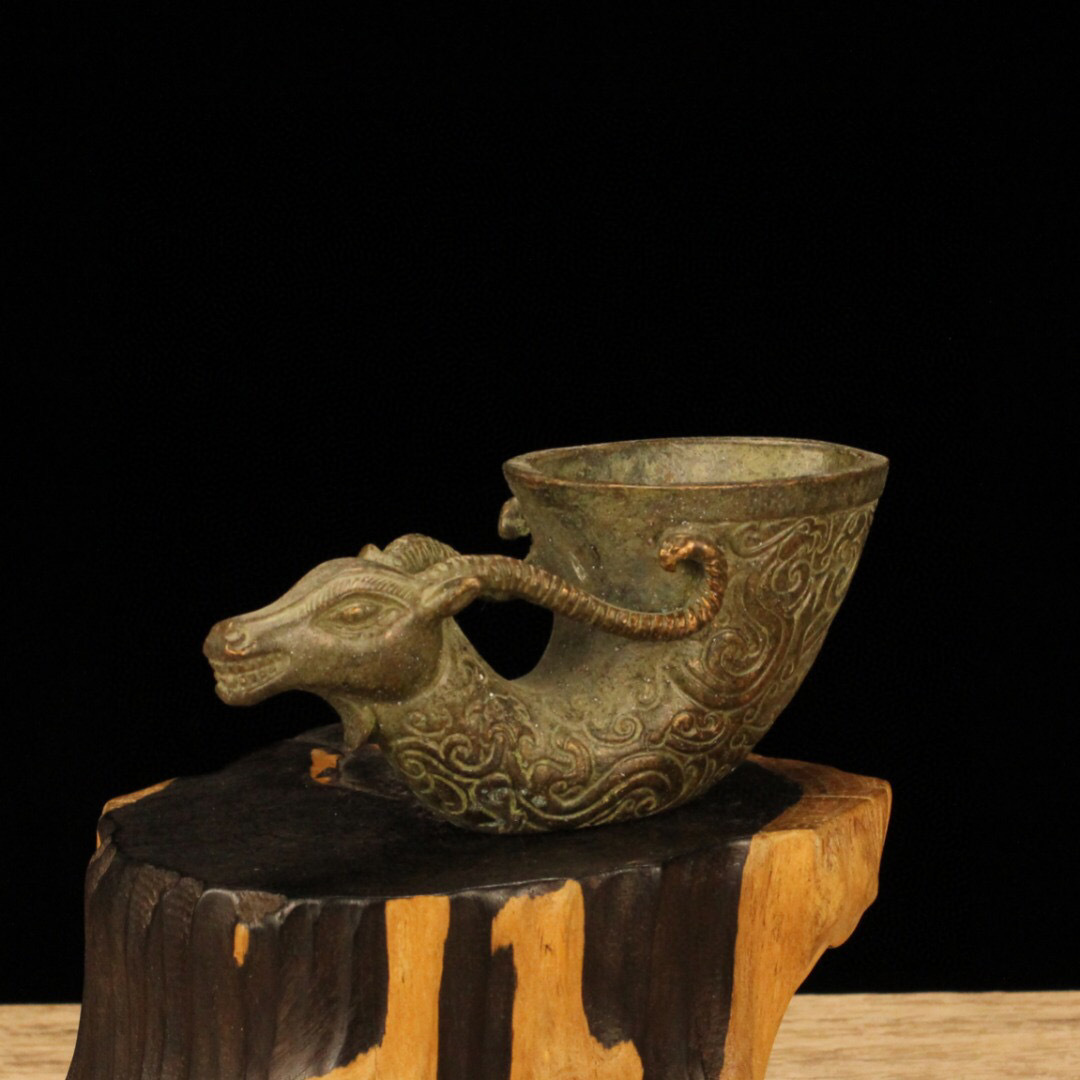 『清・銅製細作・羊頭紋・酒杯・酒器・酒道具』極細工 置物 古賞物 中国古玩 中国古美術拍卖