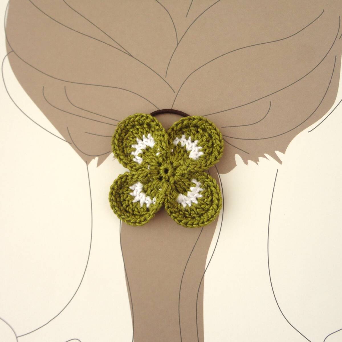 クローバーのヘアゴム*レース編み*ハンドメイド*YGR*四葉*シロツメクサ*b699∴再販×3∴拍卖