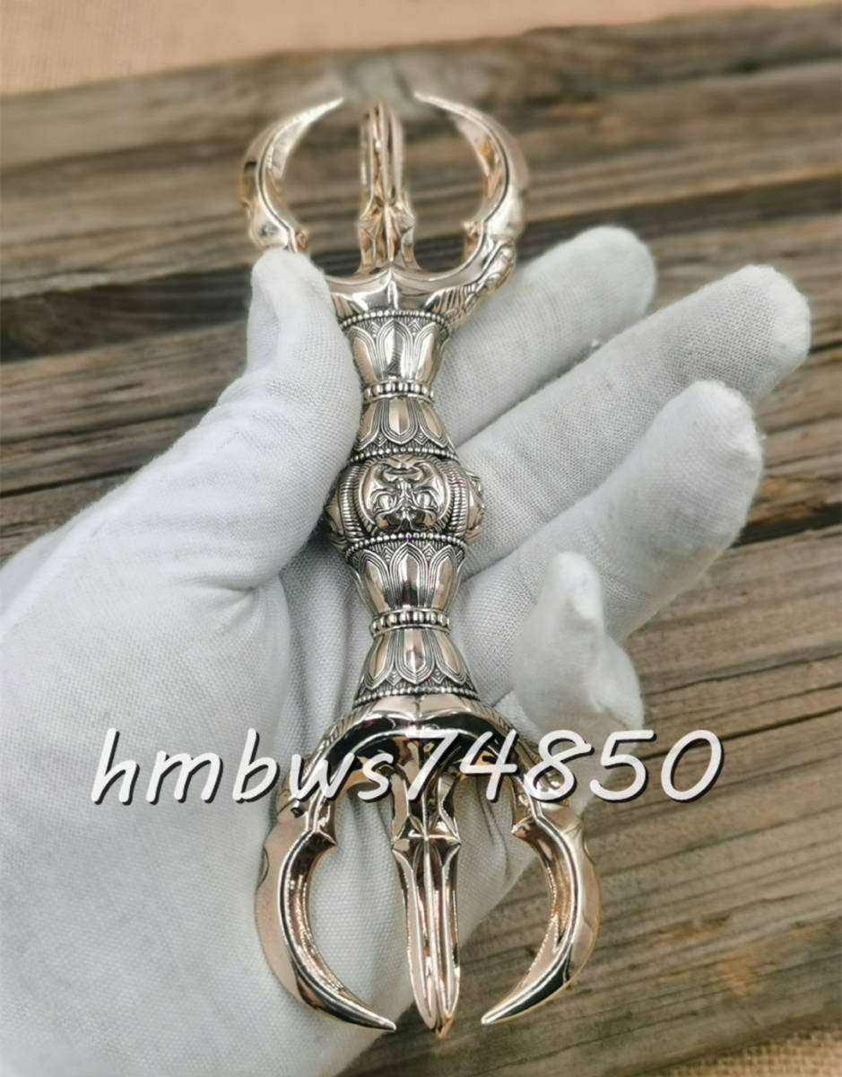 「密教法具 寺院仏具」真言宗 鬼面型 金剛杵 三鈷杵 仏教工芸品 仏具 磨き仕上げ 銅製 長さ16cm拍卖