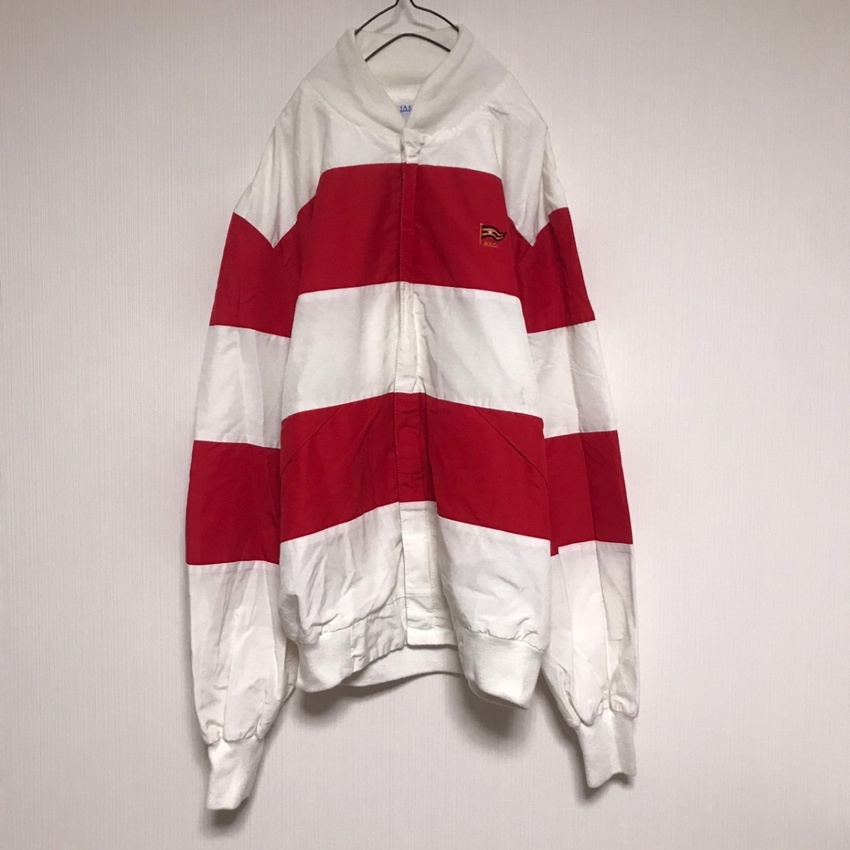 USA製 JAMMIM ノーカラー ブルゾン ボーダー バイカラー 刺繍 ロゴ ジップアップ コットン ナイロン拍卖
