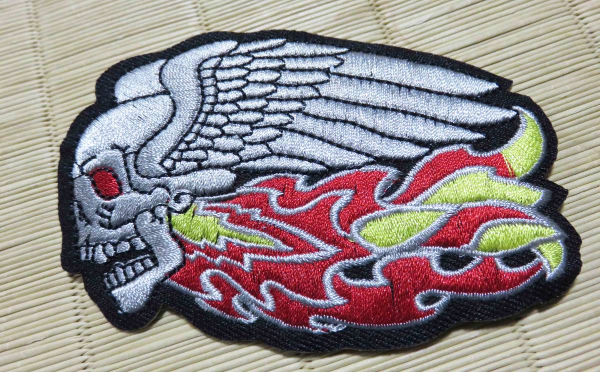 左飛頭蓋骨翼炎◆新品フライングドクロ ファイヤー  アメリカ USワッペン■激渋◇バイクUSバイカー ロック■ミリタリー・ファッション拍卖
