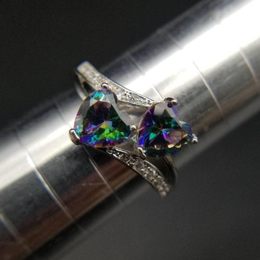 ミスティックカラー ダブルハート 925 シルバー ヴィンテージ リング 銀 指輪 レトロ キュート フェミニン 宇宙色 大きいサイズ AMC拍卖