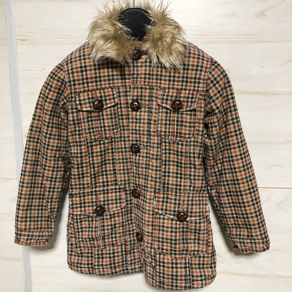 MPS ファー 裏地 チェック コート 子供130cm 美品 管理C542拍卖