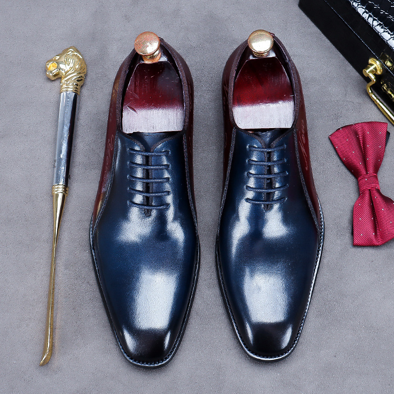 ビジネスシューズ 超希少 高級 牛革 レザーシューズ 新品 職人手作り 手塗仕上げ 切替 紳士靴 本革 彫り ブルー系 24cm~28cm拍卖