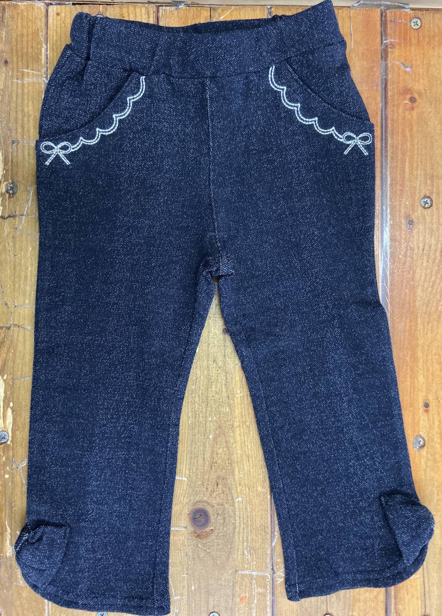 即決 新品タグ付 ウィルメリー WILL MERY★裾リボン ストレッチ ミニ裏毛 デニムニット 長パンツ★ベビー 90cm(1-2才目安) ¥1650拍卖