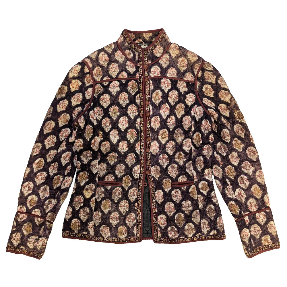 vintage ANOKHI FOR MYRIAD ノーカラーキルティングジャケット jacket チャイナ ポケット付き 紐付き 総柄 INDIA コットン【E】拍卖