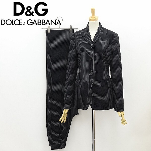 ◆D&G ドルチェ&ガッバーナ ストレッチ ストライプ柄 4釦 ジャケット&パンツ スーツ セットアップ 黒 ブラック 24/38拍卖