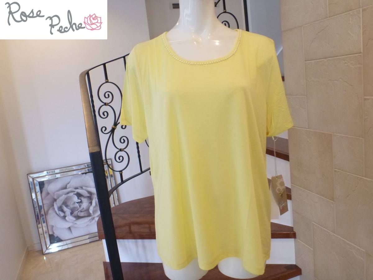 送料無料 新品 ローズペッシュ(RosePeche)★イエロー×パール 半袖カットソー 4L 大きめ 拍卖