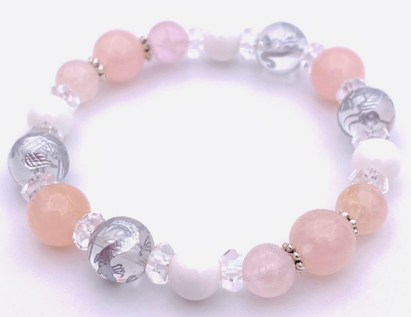 風水四神!天然石銀彫り水晶&モルガナイト&ホワイトオニキスのブレスレット拍卖