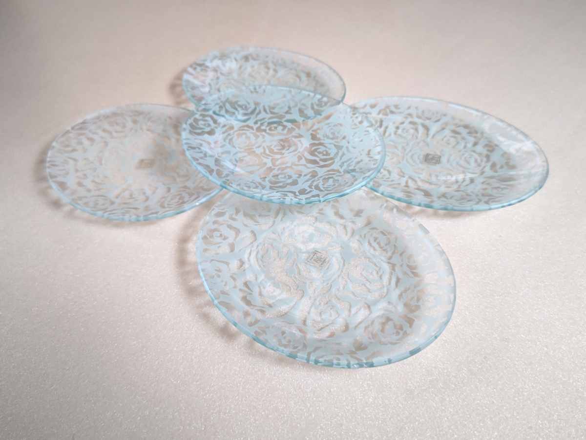 ♪中古♪バラのすりがらす柄 楕円皿 5枚組 水菓子や和菓子などに 納戸の整理中/昭和レトロ拍卖