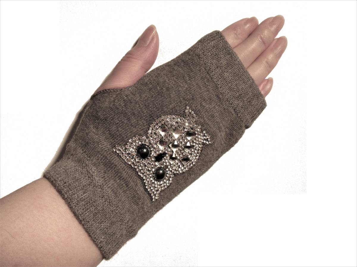 レディースファッション レディース手袋 キラキラ指切り手袋 サービス品 グレー(梟)★拍卖