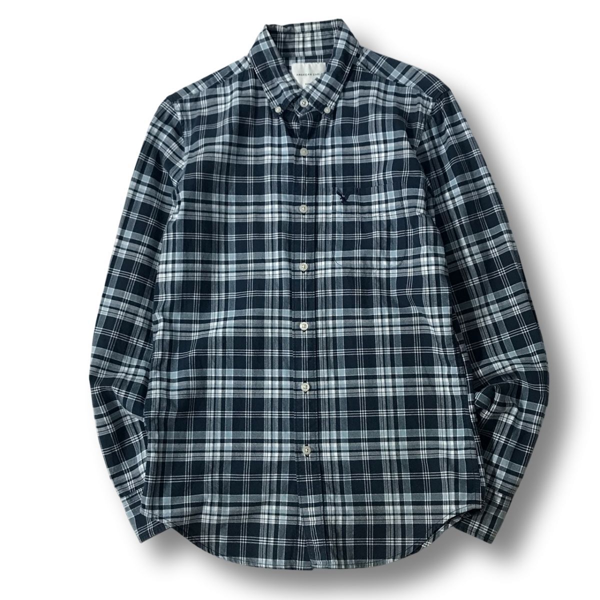 《良品◎》AMERICAN EAGLE アメリカンイーグル★ワンポイント*チェック*ボタンダウンシャツ*ネイビー*サイズXS(MA7412)◆S60拍卖