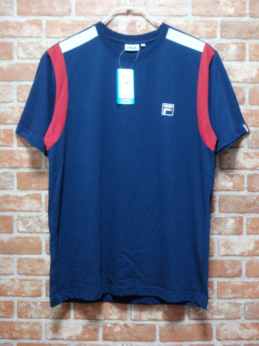(送料一律185円) 新品・タグ付 FILA フィラ ロゴ刺繍 半袖Tシャツ 給水速乾 紺 Lサイズ拍卖
