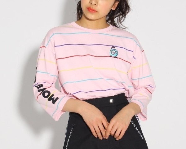 新品 PINK-latte 七部袖マルチボーダー トップス ベビーピンク 16(S160cm) 定価2530円拍卖