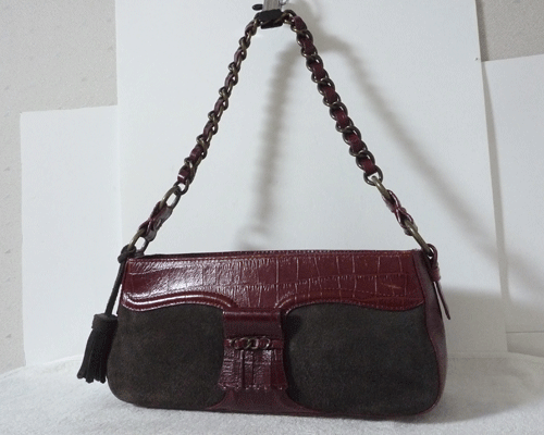 ロペ ROPE' レザー スエード ブラウン系 クロコ型押し グレー チェーン 肩掛けショルダー ハンド バッグ レディース拍卖