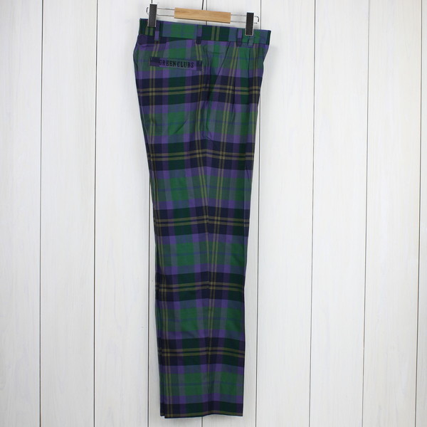 【送料無料】グリーンクラブ GREEN CLUBS チェック柄 春夏秋 スラックスパンツ 刺繍入り 緑 ウエスト73㎝ S拍卖