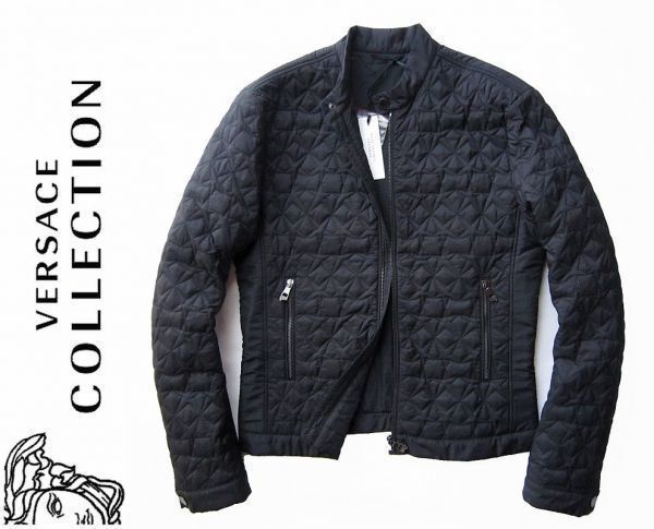 ◆VERSACE COLLECTION ◆ジオメトリー◎キルテッドライダースブルゾン黒46 新品◆本物拍卖