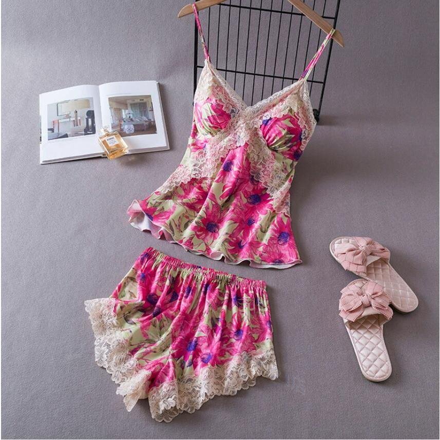 新品☆夏セクシーパジャマ 薄手プリントキャミソールショーツ2点セット パッド付きキャミソール レディースショートパンツ 部屋着拍卖