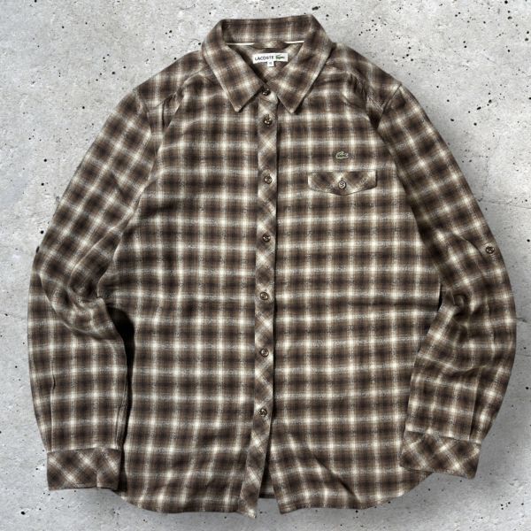 ★ネルシャツ★ロゴ刺繍★LACOSTE 長袖シャツ size42(S相当) ブラウン系チェック柄 ラコステ 古着 クリーニング プレス済み USED 1818拍卖