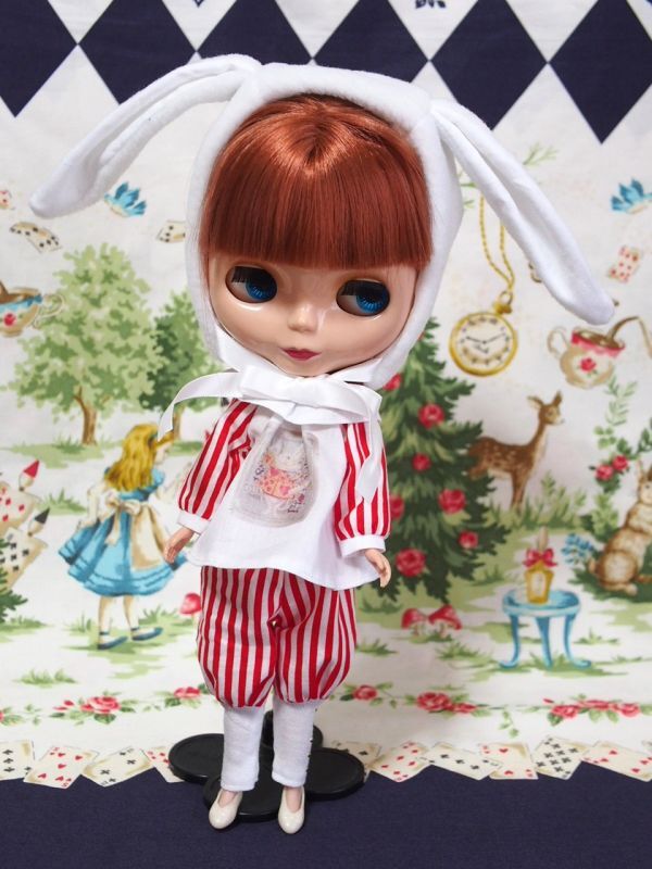 Doll Dressing♪ハンドメイド ネオブライス サイズお洋服セット人形アウトフィット/衣装/うさ耳帽子/うさぎ/ドール服/アリス/パンツ/レトロ拍卖
