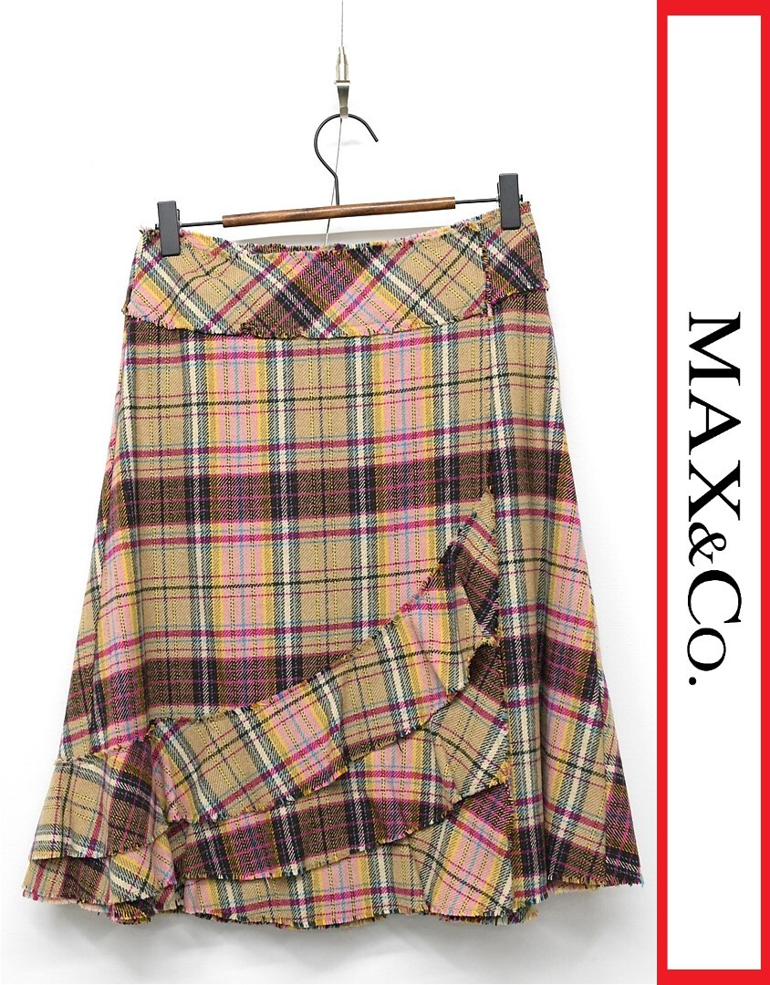 R329/Max&Co. ツイード ひざ丈スカート ラップスカート アシンメトリー フリル チェック 総柄 38 M ピンク ベージュ拍卖