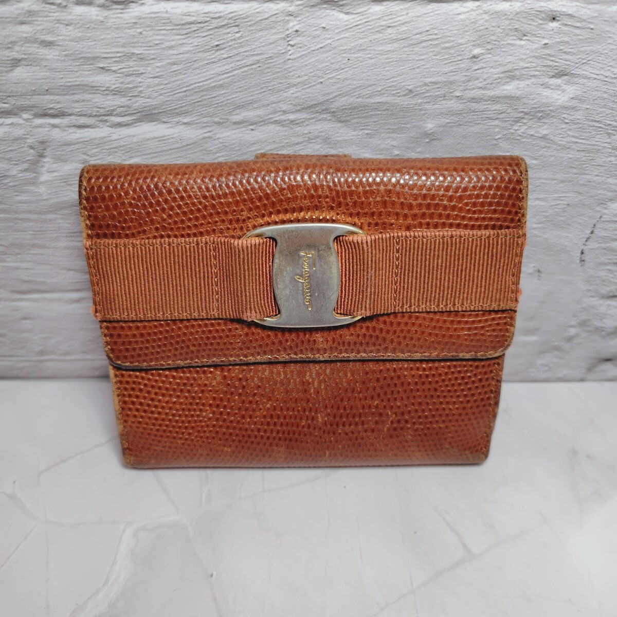 Salvatore Ferragamo 折り財布 Wホック レザー ブラウン メンズ リザード フェラガモ 小銭入れあり 送料無料拍卖