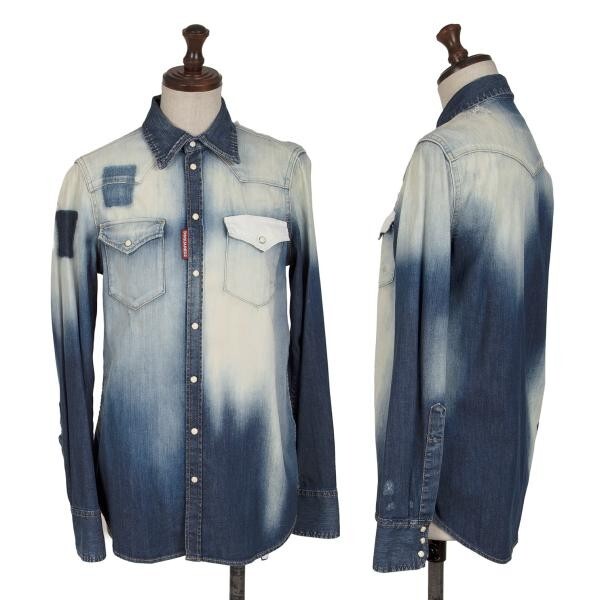 ディースクエアードDSQUARED2 ブリーチウエスタンデニムシャツ ブルー38拍卖