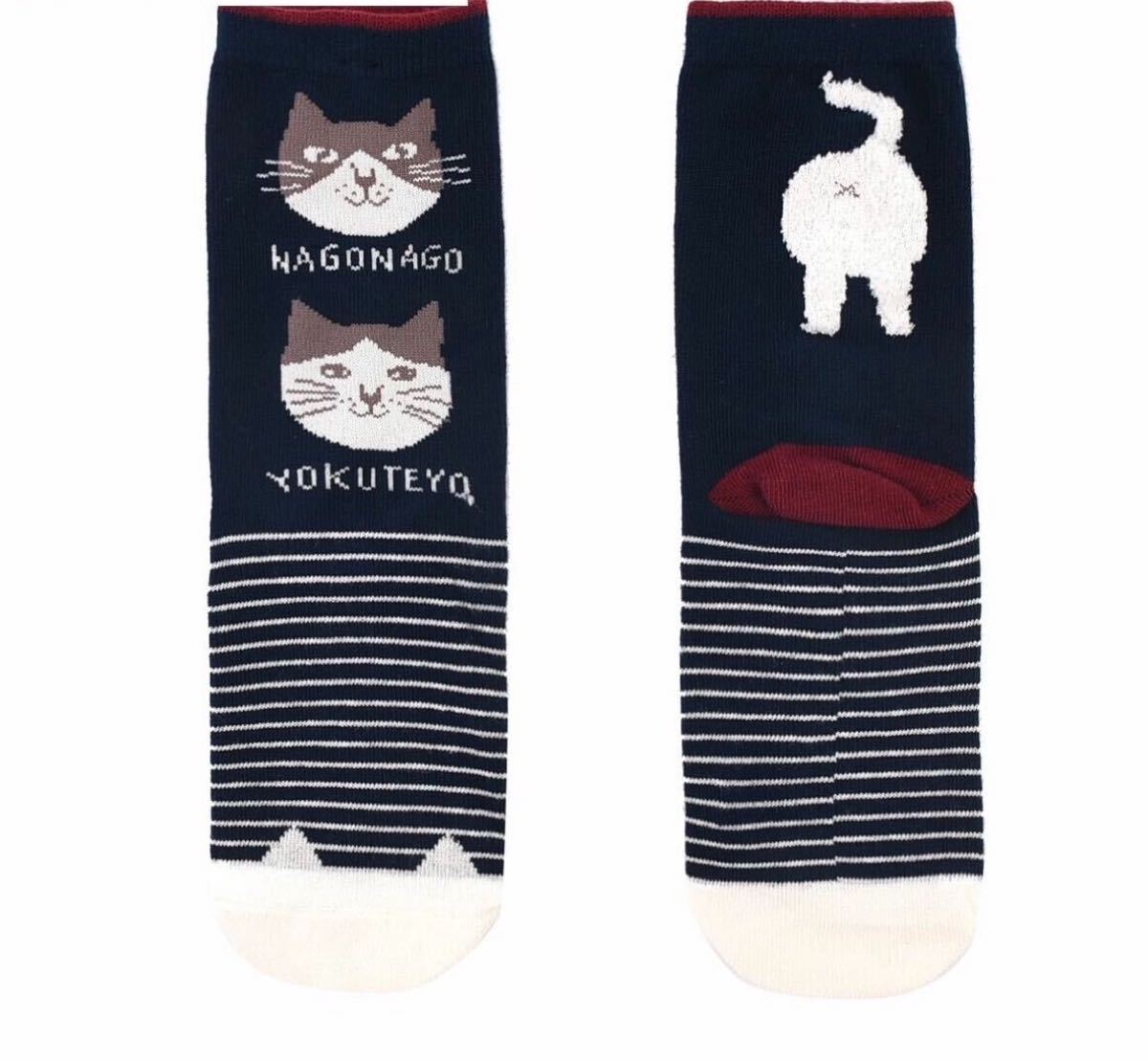 レディースソックス♪ ジャガード靴下 しましまなごなごさん柄 ネイビー Kusuguru Japan 猫 送料込み拍卖