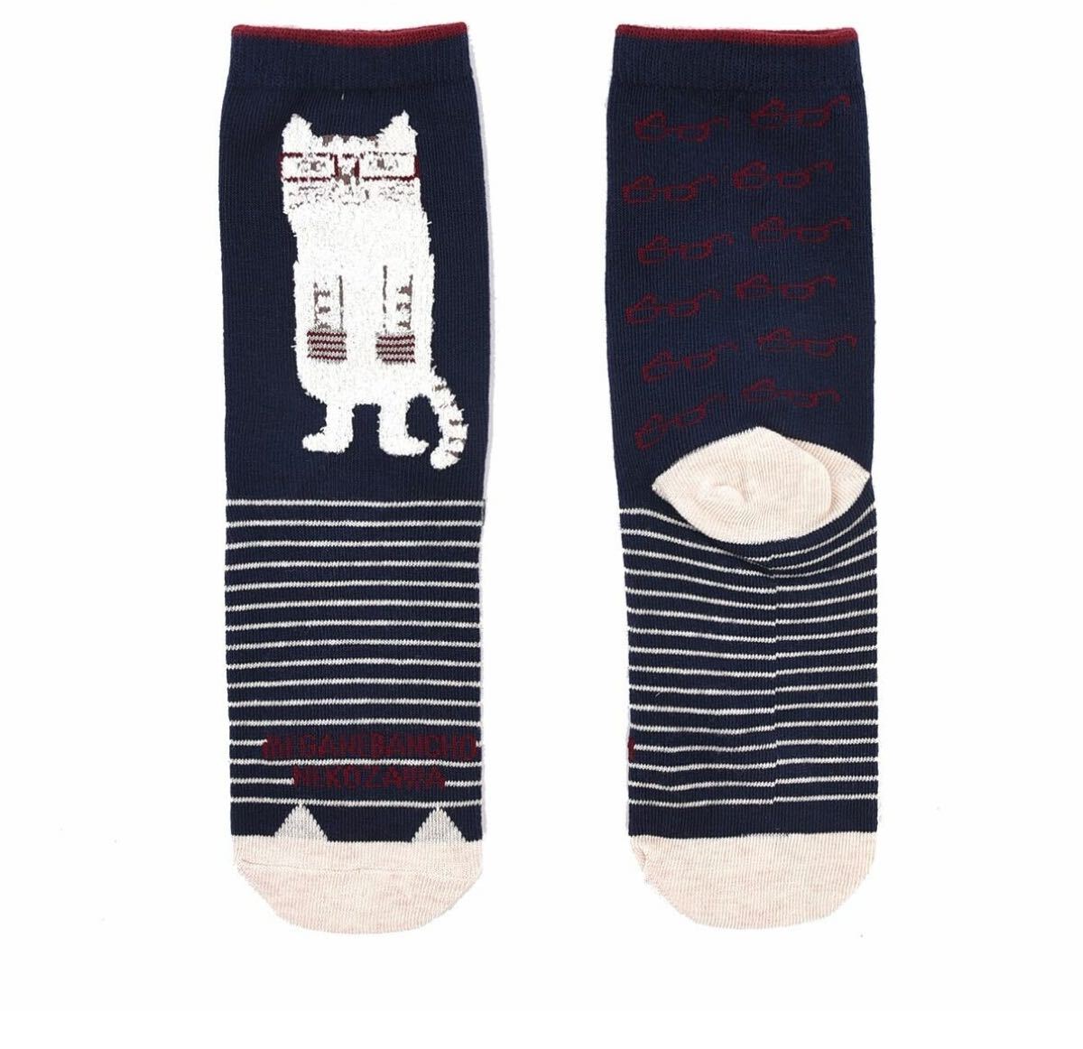 レディースソックス♪ ジャガード靴下 ネコザワさんのボーダー柄 ネイビー Kusuguru Japan 猫 送料込み拍卖
