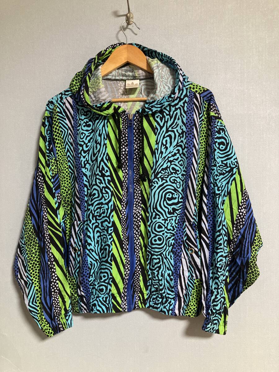 ★美品 レア 80s ビンテージ adidas アディダス 総柄 ZIPパーカ L フーディー レーヨン パーカー ZIPジャケット デサント 拍卖