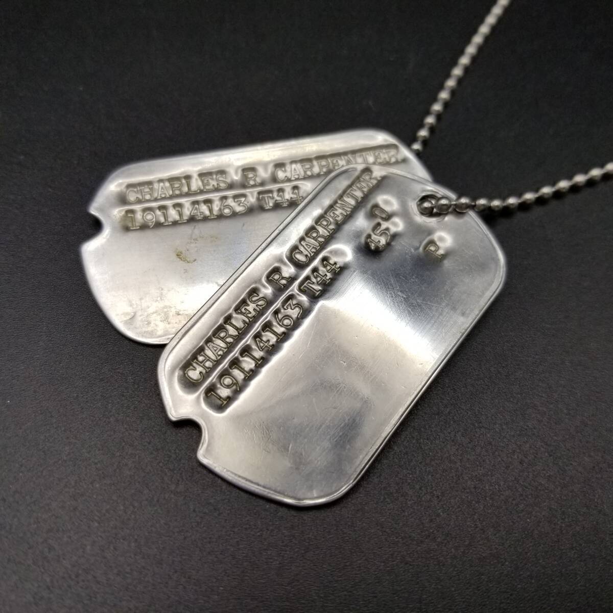 WWII期 ヴィンテージ ドッグタグ ペア ネームプレート US Army ミリタリー ネックレス ペンダント チェーン Charles R Carpenter Y20-K拍卖