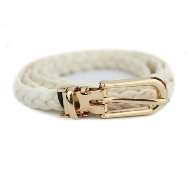 ベルト レディース 革 細め ホワイト シンプル 編組ベルト スキニー ウエストバンド 薄型 バックル ストラップ スリムウエスト #C423-4拍卖