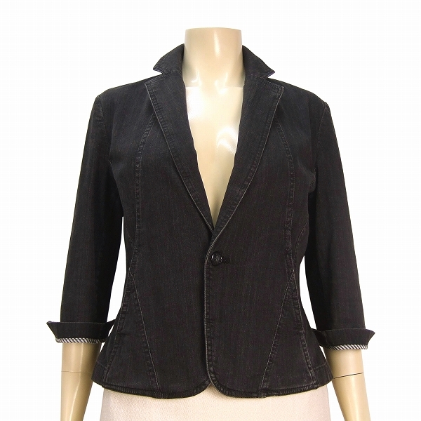 H 美品★SCAPA スキャパ★黒*可愛いストライプ柄(裏地)*優秀ストレッチデニム生地*綺麗パネルライン*美形7分袖ジャケット*40(L*11号相当)拍卖