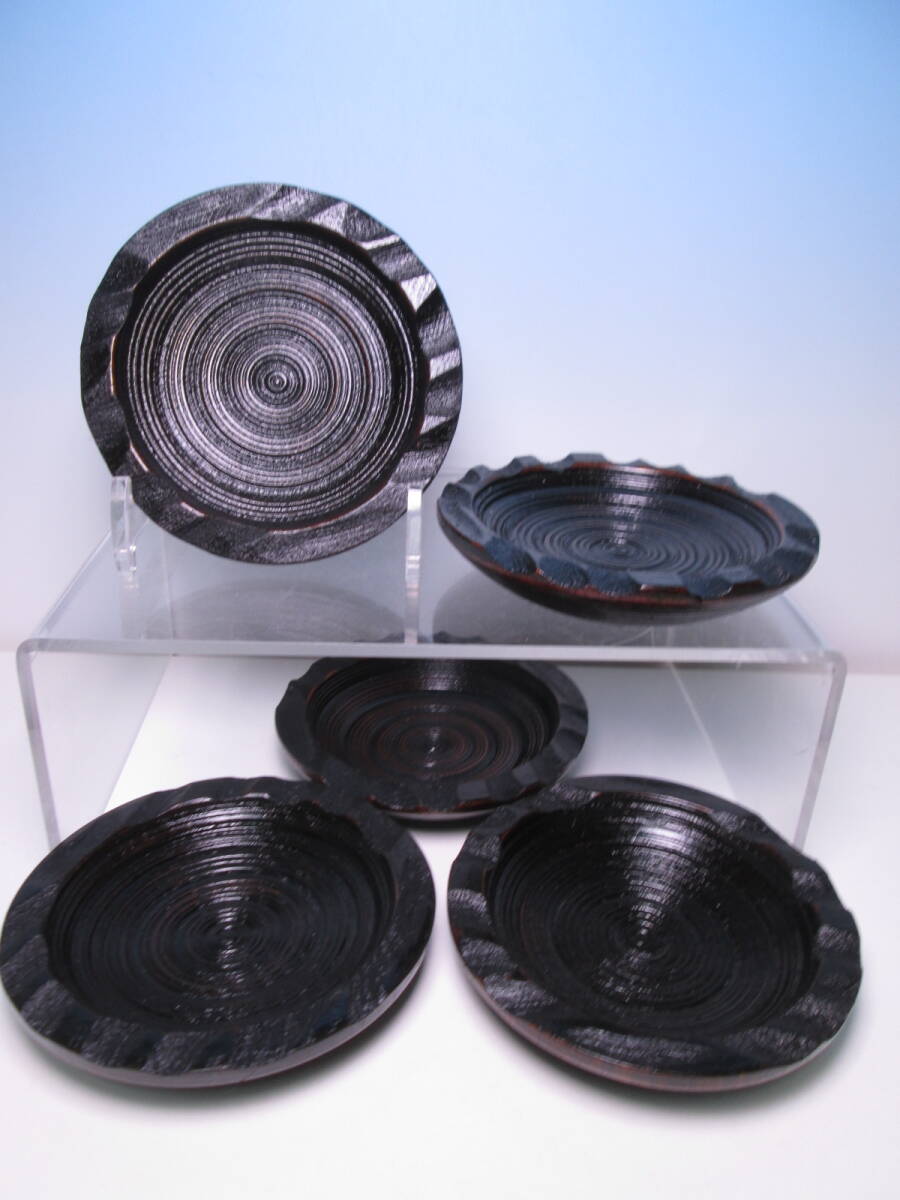 ☆お料理屋さんの器 紀州漆器 黒江塗 銘々皿 五客 箱付き 菓子皿/木皿/懐石/割烹/日本料理拍卖