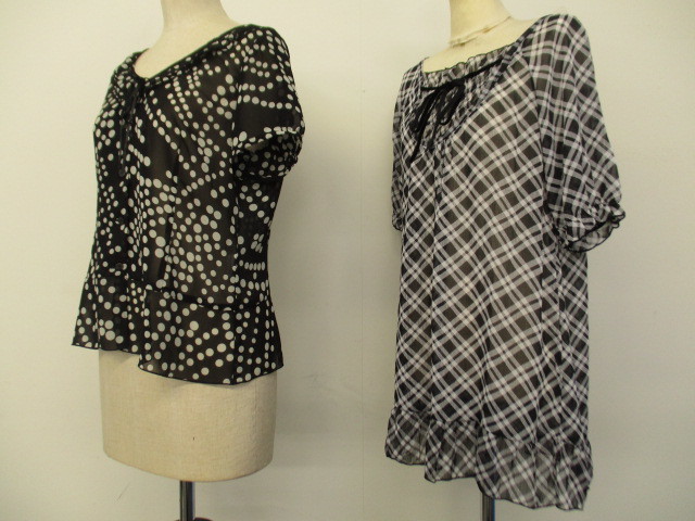 【お買得】★半袖シースルートップス2点セット★①Dufy/ブラウス/黒系ドット柄/サイズ11R ②Mignon/チュニック/黒系チェック柄/サイズM拍卖