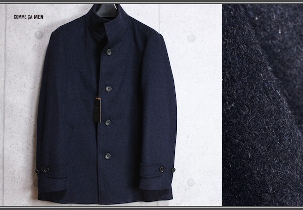 新品 コムサメン 秋冬 カシミヤ混 高密度 ウールビーバー加工 イタリアンカラー ハーフコート S/紺/定価6.4万円/COMME CA MEN拍卖