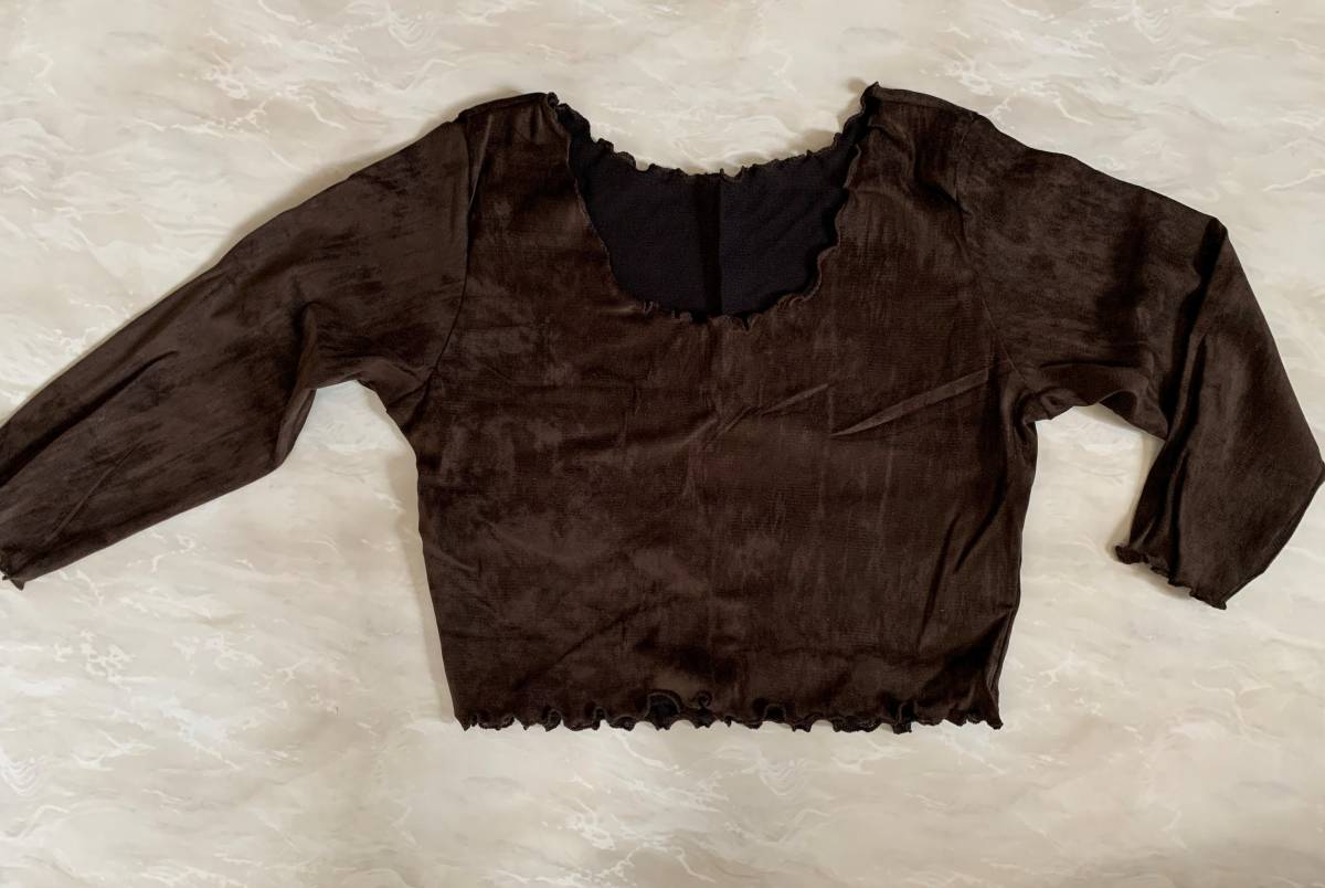 バレエ 7分袖ショートトップス ベロア調メッシュ ブラウン S拍卖